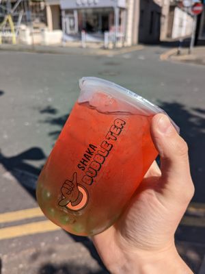 Watermelon fruit tea with green apple boba. at Shaka Bubble Tea in Llandudno
