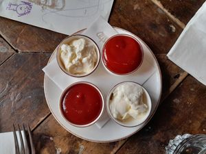 Vegan mayo and ketchup at The Queen's Head in Kingston Upon Thames