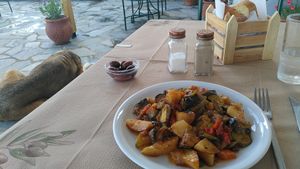 Upon request, they can prepare for you a traditional vegan dish of your selection. I asked a briam (roasted veggies: Aubergine, potatoes, zuchinis) which was delicious! at To Paradosiako Kafeneio  in Euboea