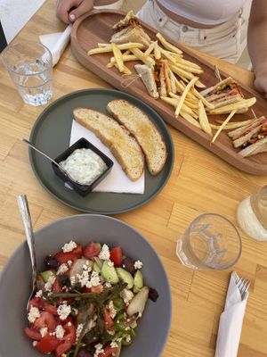 Greek salat (amazing) & club sandwich & super delicious tzatziki. You need to try!   at T Veg  in Rhodes