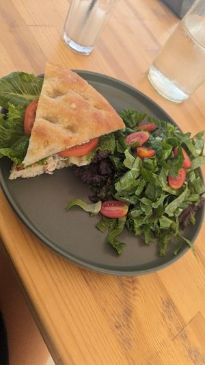 Focaccia sandwich with vegan tuna at T Veg  in Rhodes