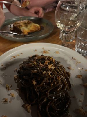 Black garlic linguine and moussaka  at T Veg  in Rhodes