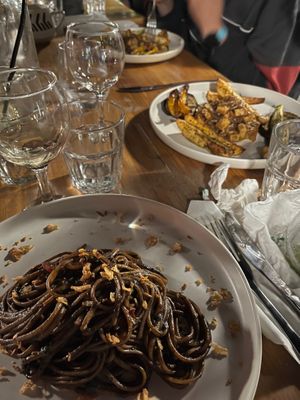 Black garlic linguine and black pepper tofu at T Veg  in Rhodes