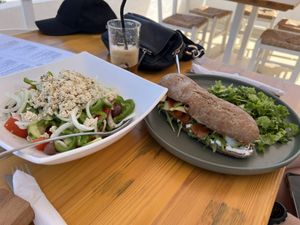 Valmon sandwich and Greek Salad  at T Veg  in Rhodes