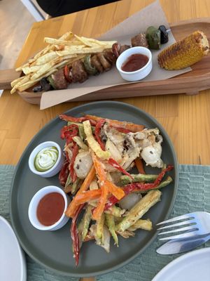 Souvlaki and tempura vegetables   at T Veg  in Rhodes