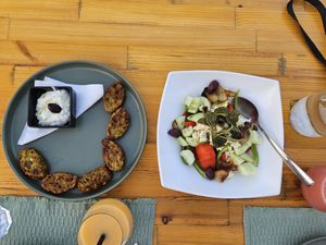 Daily Keftedes (broccoli, chickpeas) & Greek salad at T Veg  in Rhodes