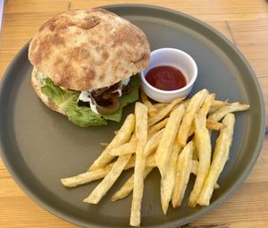 Vegan burger and chips   at T Veg  in Rhodes