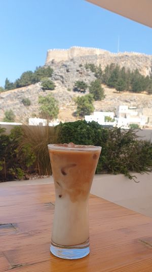 Oat milk latte with a view at T Veg  in Rhodes
