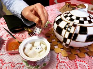 Sugar cubes resembling dice next to teapot .  at Queen of Hearts in Henderson