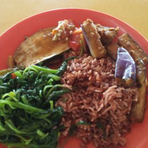 Brown rice, spinach, brinjal, mock fish $3.60 at Hong Yi Vegetarian 弘一斋 in Central Singapore