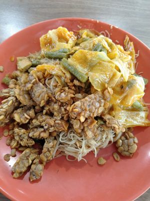 Fried bee hoon with curry vegetables and tempeh $3.20 at Hong Yi Vegetarian 弘一斋 in Central Singapore