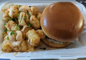 Fried vegan chicken sandwich with pub tots at PlantPub in San Luis Obispo