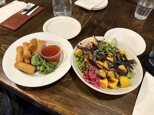 Warm Vegetable Spring Rolls & Crispy Curried Tofu Bowl  at Lakehouse in Wasagaming