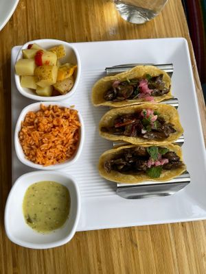 Mushroom Tacos with potatoes, rice and salsa   at The Mexican Way in Acton