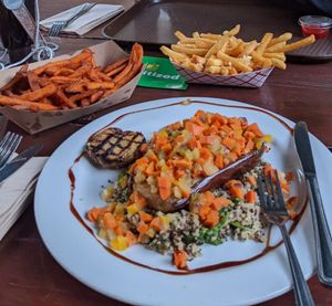 Eggplant with veggies special they had one night, along with sweet potato and garlic French fries at Alice's Restaurant in Woodside