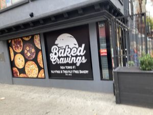 Sign explaining that all the food here is nut free  at Baked Cravings in New York City
