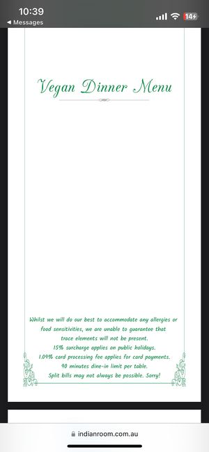 Menu 1  at Indian Room in West End