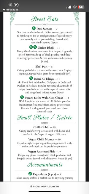 Menu 2  at Indian Room in West End