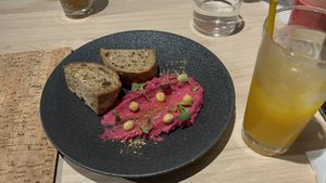Beetroot hummus with bread   at Emblem Flow Hakone in Hakone