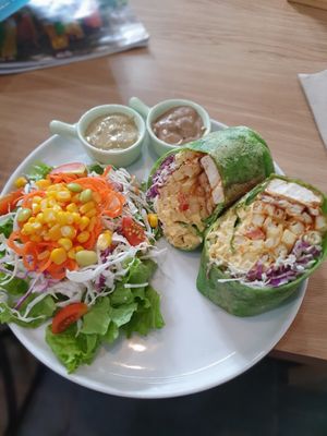 Bbq wrap with salad and dressing at Sauce Tree Sanur: Plant Based Cafe in Sanur