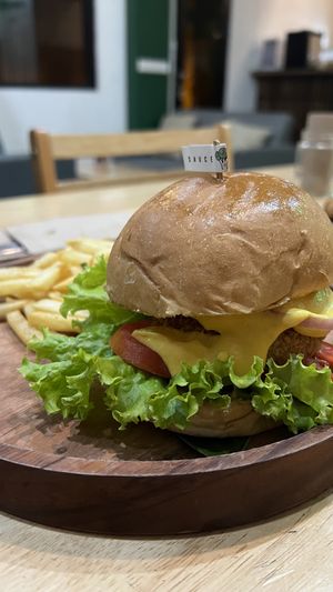 Sauce tree burger with friess  at Sauce Tree Sanur: Plant Based Cafe in Sanur