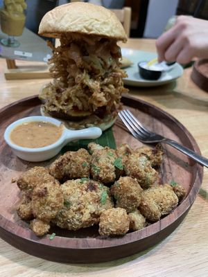 Double Cheeseburger with crispy cauli wings   at Sauce Tree Sanur: Plant Based Cafe in Sanur