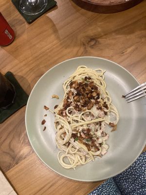 Pasta carbonara (sorry only remembered to take photo after I already ate the garnish 😅)   at Sauce Tree Sanur: Plant Based Cafe in Sanur