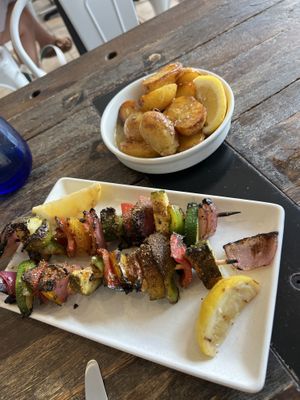 Veggie skewer and potatoes  at Kala Modern Greek in Chicago