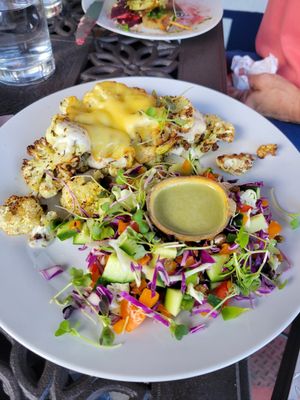 Cauliflower steak and that salad and dressing! 😍 oh and the cheesy sauce! 🤩 at Red's Leaf Café in Metuchen