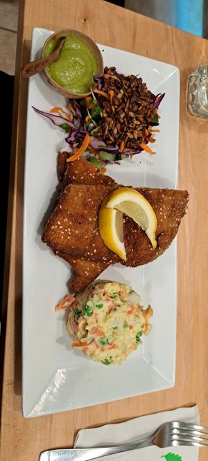 Sesame Seitan with potato salad and kale salad at Red's Leaf Café in Metuchen