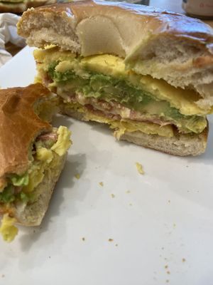 Bacon, egg and cheese bagel sandwich with Avocado- so yummy !  at Red's Leaf Café in Metuchen