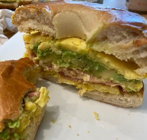 Bacon, Egg and Cheese bagel sandwich with added avocado-so yummy!!  at Red's Leaf Café in Metuchen