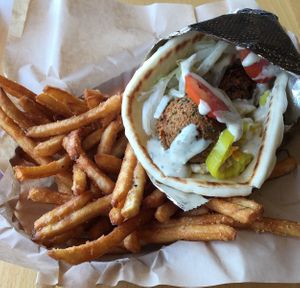 Falafel Wrap (vegan as is). The side of fries was awesome - super crispy & tasty. at Med Box Grill in Chanhassen
