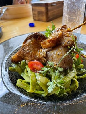 Genovese pesto with oysters moshrooms anticuchos at Lounge del Brujo Centro Histórico in Arequipa