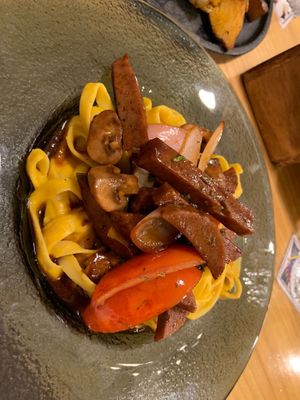Lomo Saltado with pasta   at Lounge del Brujo Centro Histórico in Arequipa