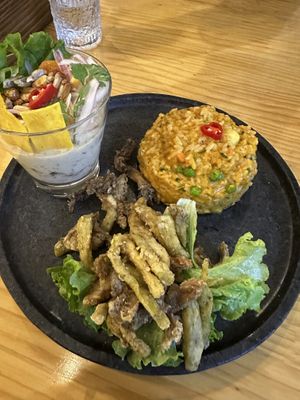 Seafood trio (fritters, ceviche and risotto)  at Lounge del Brujo Centro Histórico in Arequipa