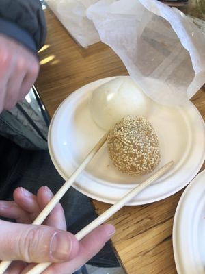 Red bean ball and black sesame bao   at Kam Wai Dim Sum in Vancouver