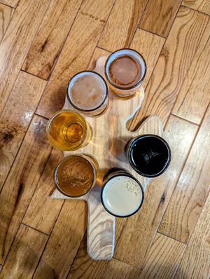Beer flight of 6 brews at The Mitten Brewing Co in Grand Rapids