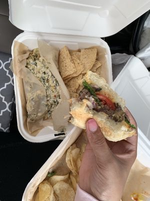 Vegan impossible burger and spinach artichoke dip at The Mitten Brewing Co in Grand Rapids