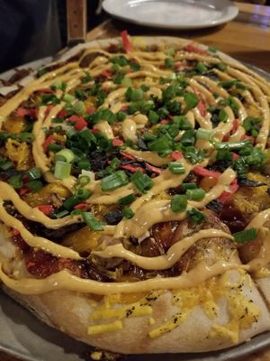 "Hog Heaven" pizza made with jackfruit and vegan BBQ and chipotle aoli. at The Mitten Brewing Co in Grand Rapids