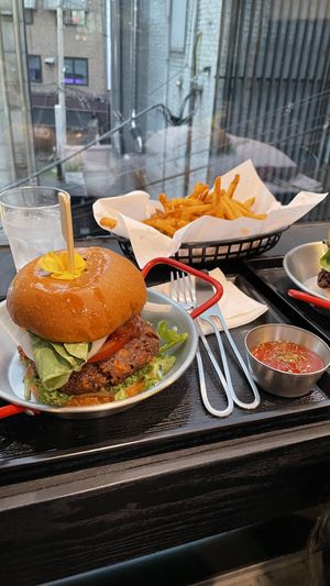 Vegan burger and fries  at Yaksha Hongdae - 야차집 in Seoul