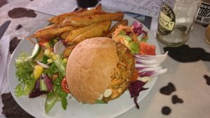 Carrot & parsnip burger at Duke Bullock's Vegan Cafe in Scarborough