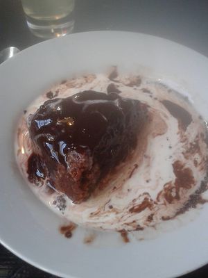 Hot Chocolate Fudge Cake and Cream at Duke Bullock's Vegan Cafe in Scarborough