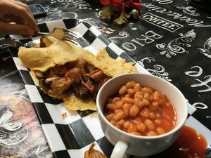 Chickpea omelette and sausage and mushrooms at Duke Bullock's Vegan Cafe in Scarborough