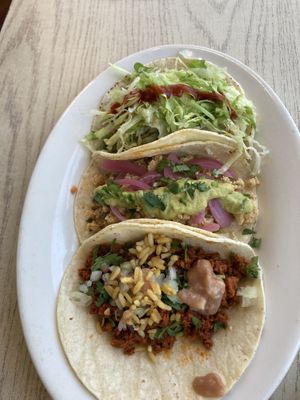Vegan chicken taco, mesquite tofu (in middle), and vegan chorizo in the front - after my partner added some rice and beans from my plate  at Sol Of Mexico in Worcester