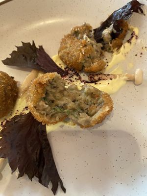 Shiitake Miso Croquettes, Pickled Shimeji, Shiso, Yuzu Mayonnaise  at Mallow - Canary Wharf in East London