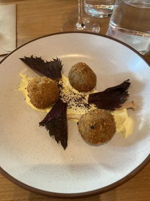 Shiitake Miso Croquettes, Pickled Shimeji, Shiso, Yuzu Mayonnaise  at Mallow - Canary Wharf in East London