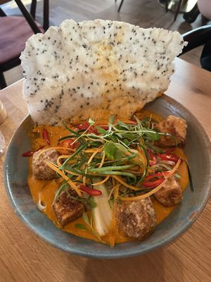 Roast Pepper Sweet Potato Laksa, Rice Noodles, Five Spice Tofu  at Mallow - Canary Wharf in East London