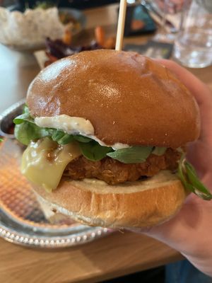 Chick’n Parmesan Burger (with added cheese)  at Mallow - Canary Wharf in East London