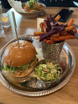 Chick’n Parmesan Burger, Caesar Mayonnaise, Romesco, Pickles, Caperberries, Slaw, Fries  at Mallow - Canary Wharf in East London